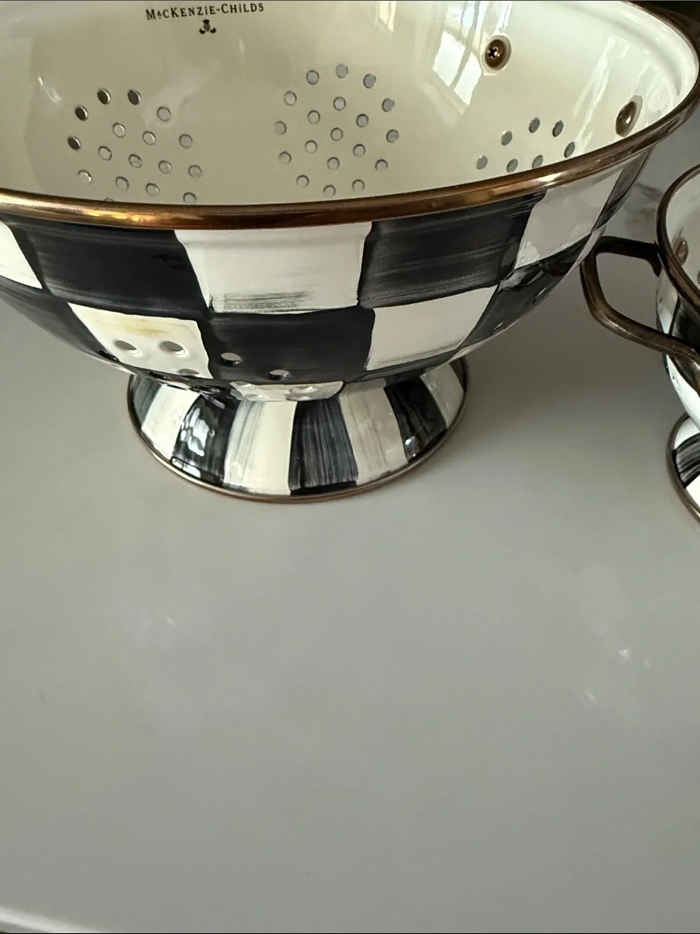 McKenzie Childs Enamel Colanders.Cream with Bronze Trim. Set of 2 Pieces Bk & Wh